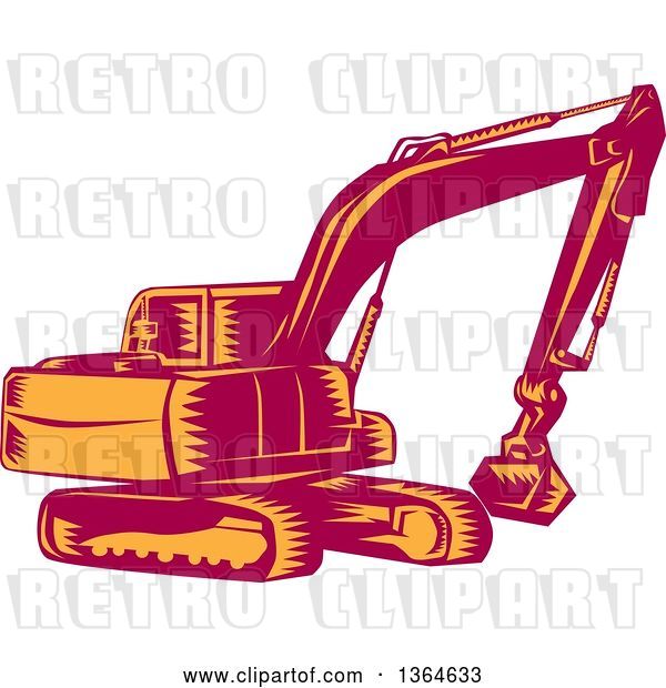 Vector Clip Art of Retro Woodcut Orange and Red Mechanical Excavator Digger Machine