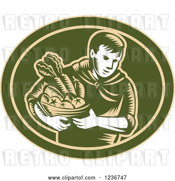 Vector Clip Art of Retro Woodcut Organic Farmer with Produce in a Green Oval