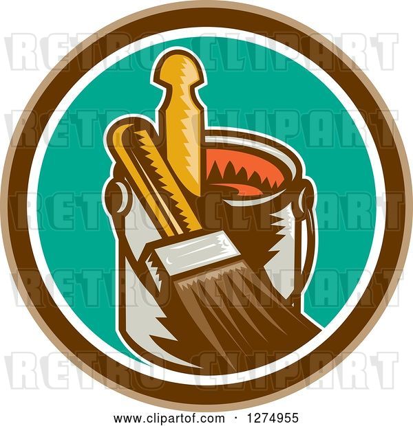 Vector Clip Art of Retro Woodcut Paintbrush and Can in a Brown White and Turquoise Circle