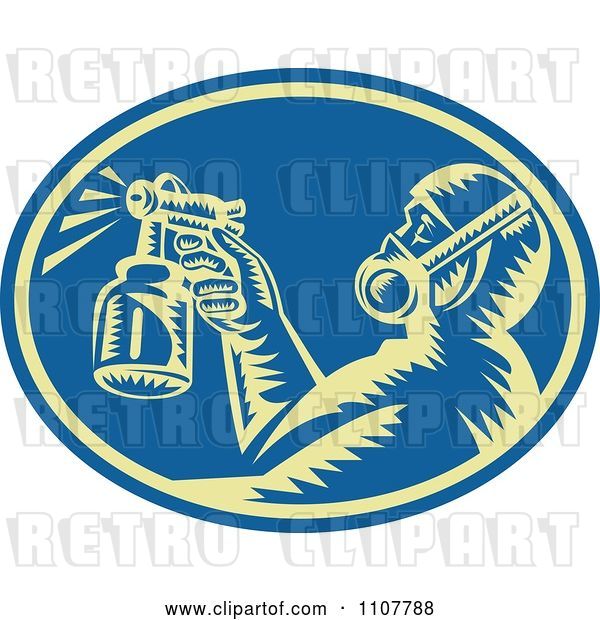Vector Clip Art of Retro Woodcut Painter Using a Spray Gun in a Blue Oval