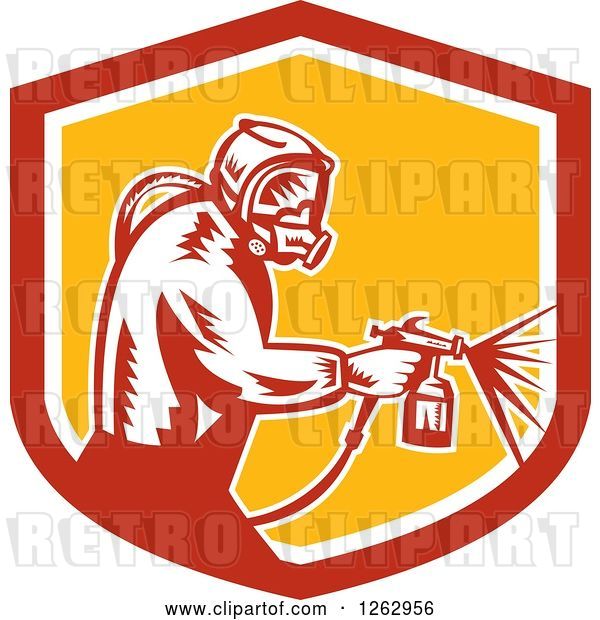 Vector Clip Art of Retro Woodcut Painter Using a Spray Gun in a Red White and Yellow Shield