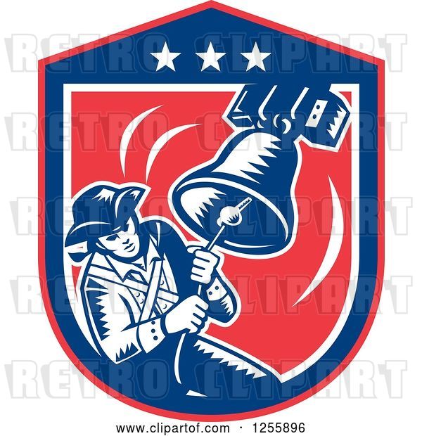 Vector Clip Art of Retro Woodcut Patriot Ringing a Liberty Bell in an American Shield