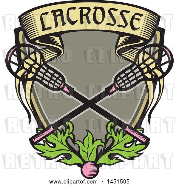 Vector Clip Art of Retro Woodcut Pink Ball and Pink Handled Lacrosse Sticks with a Banner and Leaves