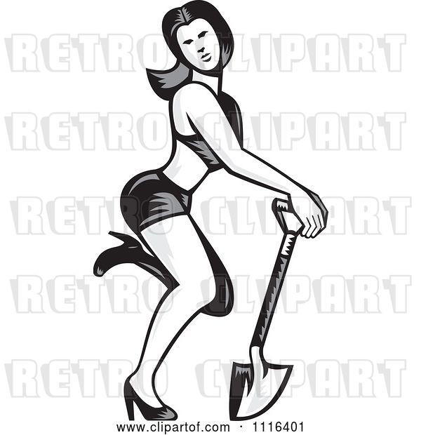 Vector Clip Art of Retro Woodcut Pinup Lady Kicking a Leg Back and Posing with a Shovel