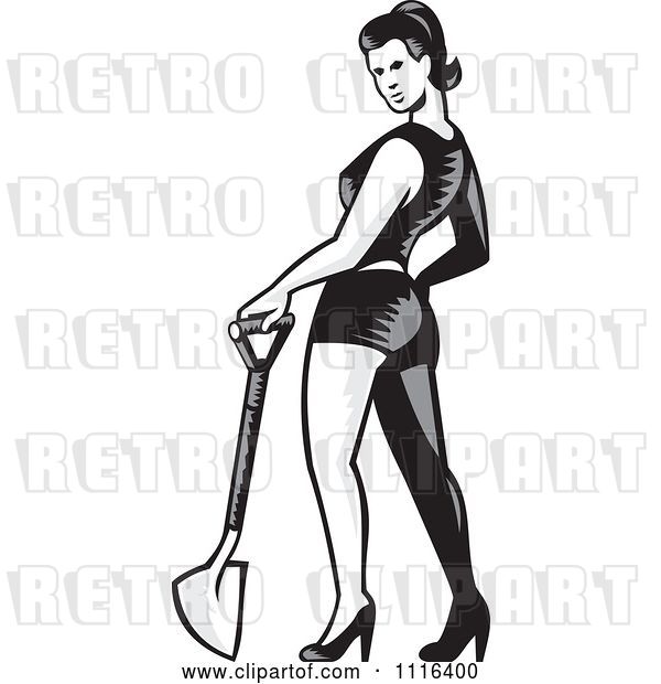 Vector Clip Art of Retro Woodcut Pinup Lady Standing with a Shovel