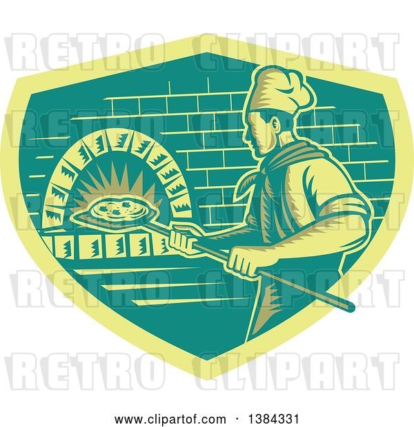 Vector Clip Art of Retro Woodcut Pizza Chef Holding a Peel with a Pie in Front of a Brick Oven