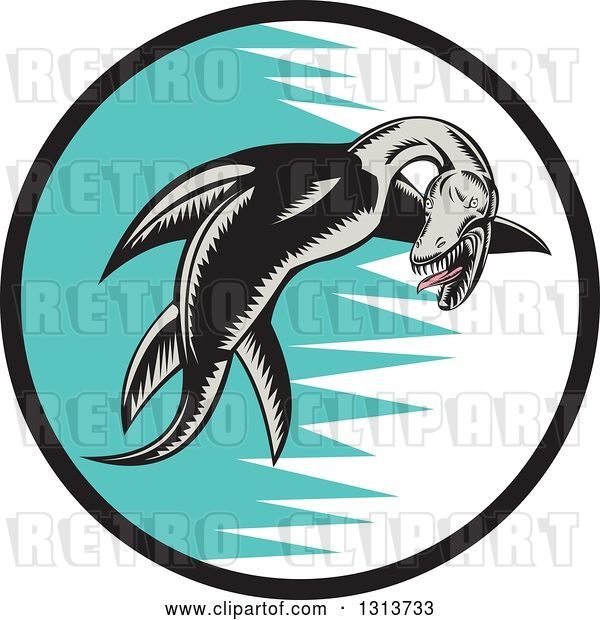 Vector Clip Art of Retro Woodcut Pliosaur Dinosaur Swimming in a Black, White and Turquoise Circle