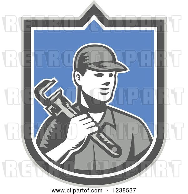 Vector Clip Art of Retro Woodcut Plumber Holding a Monkey Wrench in a Shield
