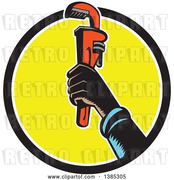 Vector Clip Art of Retro Woodcut Plumbers Hand Holding up a Monkey Wrench in a Black White and Yellow Circle