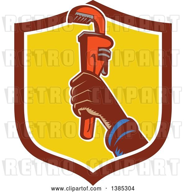 Vector Clip Art of Retro Woodcut Plumbers Hand Holding up a Monkey Wrench in a Shield