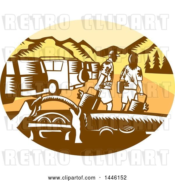 Vector Clip Art of Retro Woodcut Point of View from a Driver in a Rental Car and Tourists in a Parking Lot