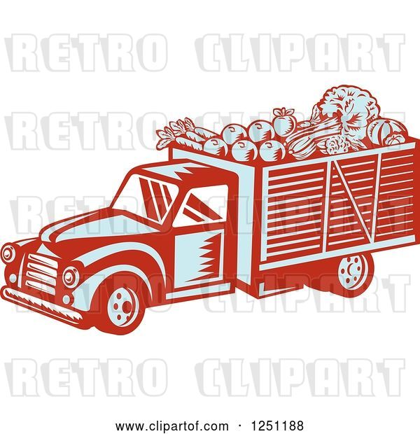 Vector Clip Art of Retro Woodcut Produce Delivery Truck