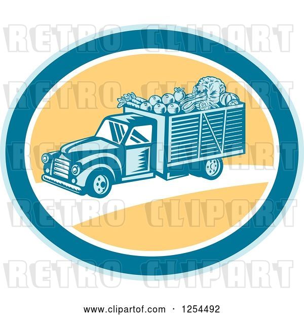 Vector Clip Art of Retro Woodcut Produce Delivery Truck in a Yellow and Blue Oval