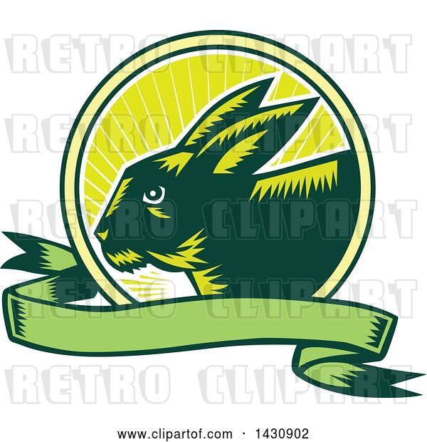 Vector Clip Art of Retro Woodcut Rabbit in a Sunrise Circle with a Green Banner