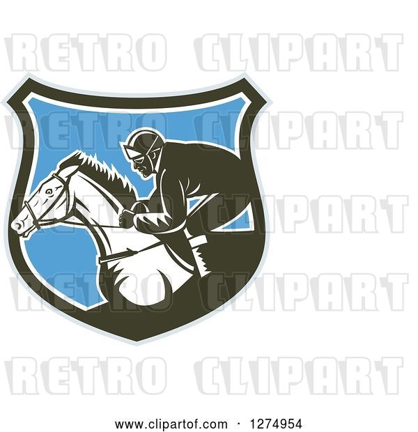Vector Clip Art of Retro Woodcut Racing Jockey in a Gray Brown White and Blue Shield