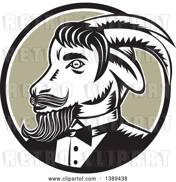 Vector Clip Art of Retro Woodcut Ram Goat in a Tuxedo, in a Black White and Taupe Circle