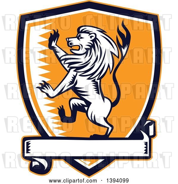 Vector Clip Art of Retro Woodcut Rampant Lion in a Black White and Orange Shield with a Banner