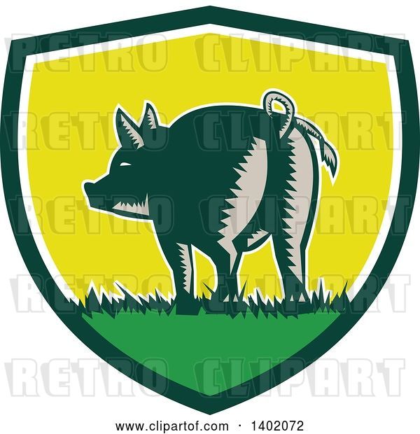 Vector Clip Art of Retro Woodcut Rear View of a Pig with a Curly Tail in a Shield