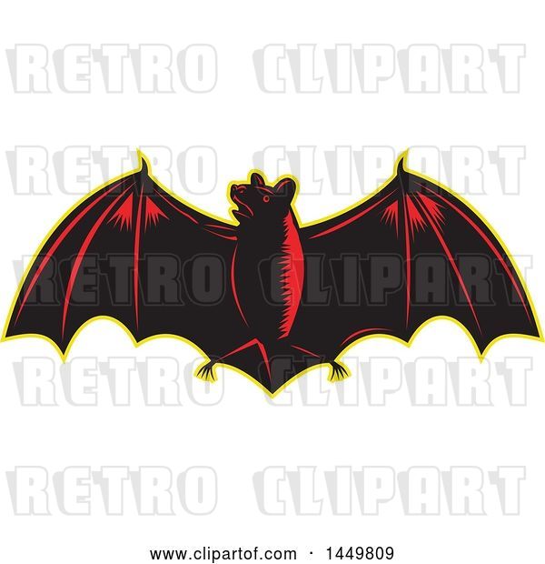 Vector Clip Art of Retro Woodcut Red and Black Flying Bat with a Yellow Outline