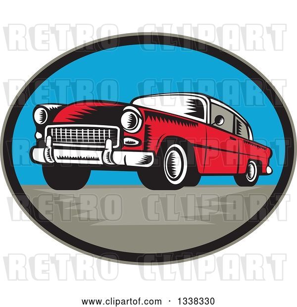 Vector Clip Art of Retro Woodcut Red Classic Car in an Oval