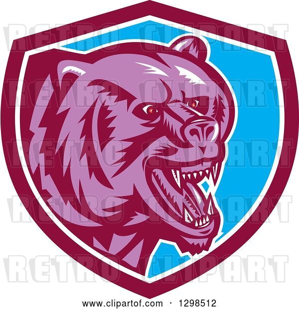 Vector Clip Art of Retro Woodcut Red Eyed Purple Vicious Grizzly Bear in a Maroon White and Blue Shield