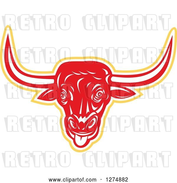 Vector Clip Art of Retro Woodcut Red White and Yellow Longhorn Bull with Its Tongue Hanging out