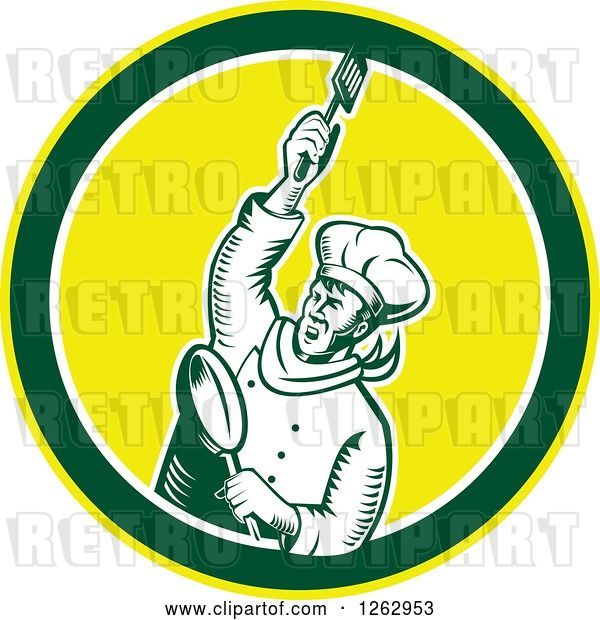 Vector Clip Art of Retro Woodcut Revolutionary Chef with a Spatula and Frying Pan in a Green White and Yellow Circle