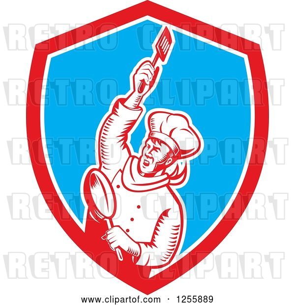 Vector Clip Art of Retro Woodcut Revolutionary Chef with a Spatula and Frying Pan in a Shield