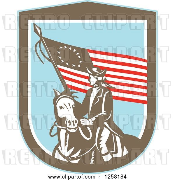 Vector Clip Art of Retro Woodcut Revolutionary Soldier Riding a Horse with an American Betsy Ross Flag in a Brown White and Blue Shield