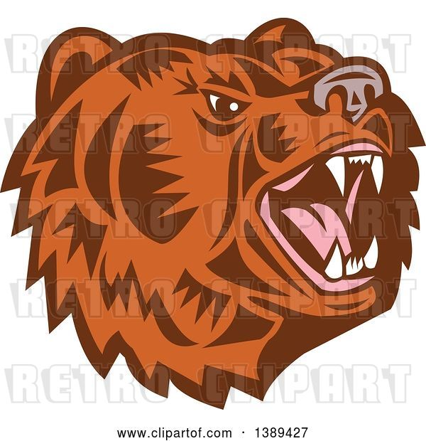Vector Clip Art of Retro Woodcut Roaring California Grizzly Bear Head