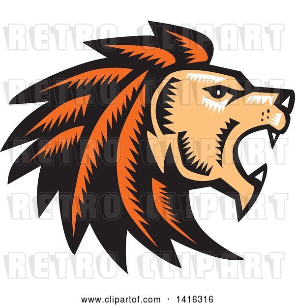 Vector Clip Art of Retro Woodcut Roaring Male Lion Head in Profile