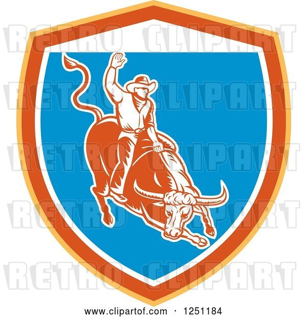 Vector Clip Art of Retro Woodcut Rodeo Cowboy on a Bull in a Yellow Orange White and Blue Shield