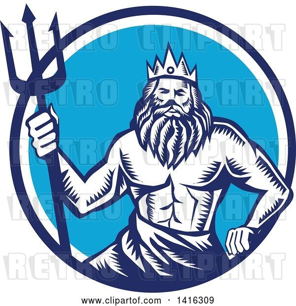 Vector Clip Art of Retro Woodcut Roman Sea God, Neptune or Poseidon, with a Trident in a White and Blue Circle