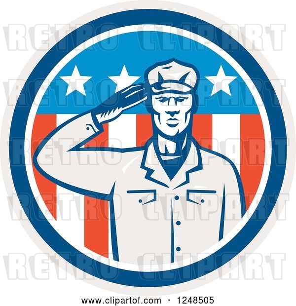 Vector Clip Art of Retro Woodcut Saluting Soldier in an American Circle