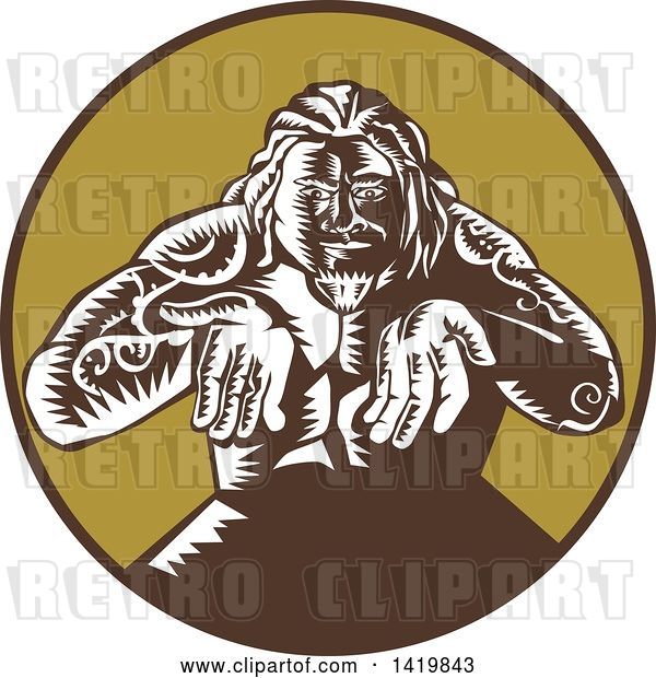 Vector Clip Art of Retro Woodcut Samoan God, Tagaloa, Holding His Hands Out, in a Brown and Green Circle