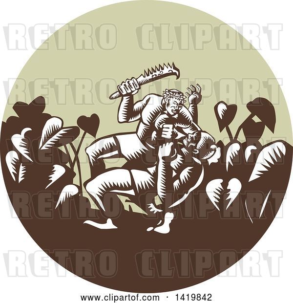 Vector Clip Art of Retro Woodcut Samoan Legend Wielding a Club Nifo'oti Weapon Defeating the God with Taro Plant in a Circle