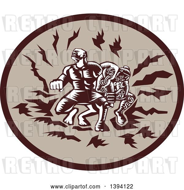Vector Clip Art of Retro Woodcut Samoan Tiitii Wrestling the God of Earthquake and Breaking His Arm, in a Brown Oval