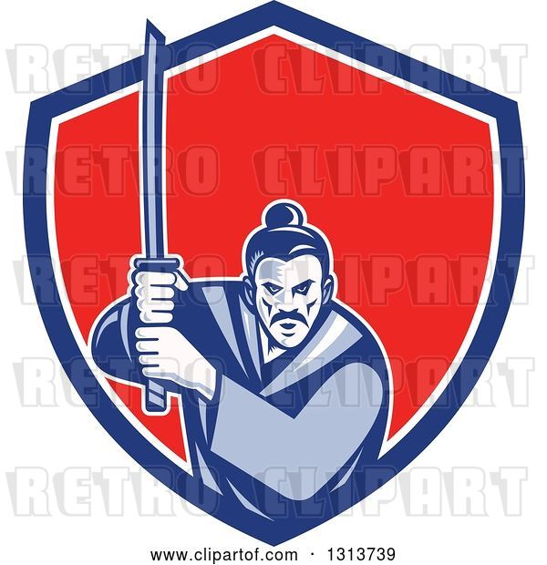 Vector Clip Art of Retro Woodcut Samurai Warrior Holding a Katana in a Blue White and Red Shield