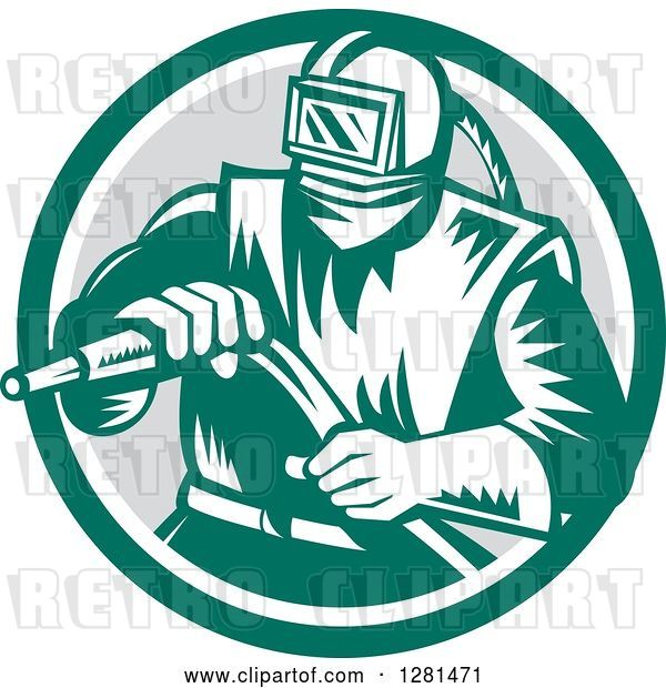 Vector Clip Art of Retro Woodcut Sandblaster Worker in a Green White and Gray Circle