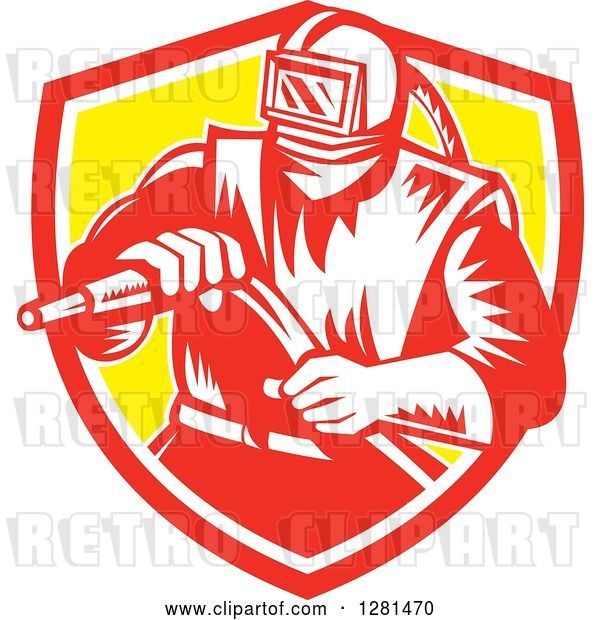 Vector Clip Art of Retro Woodcut Sandblaster Worker in a Red White and Yellow Shield