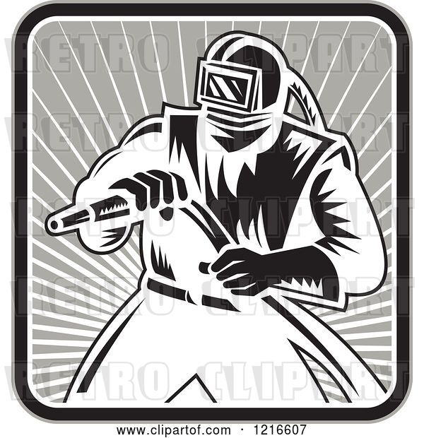 Vector Clip Art of Retro Woodcut Sandblaster Worker in a Square of Rays