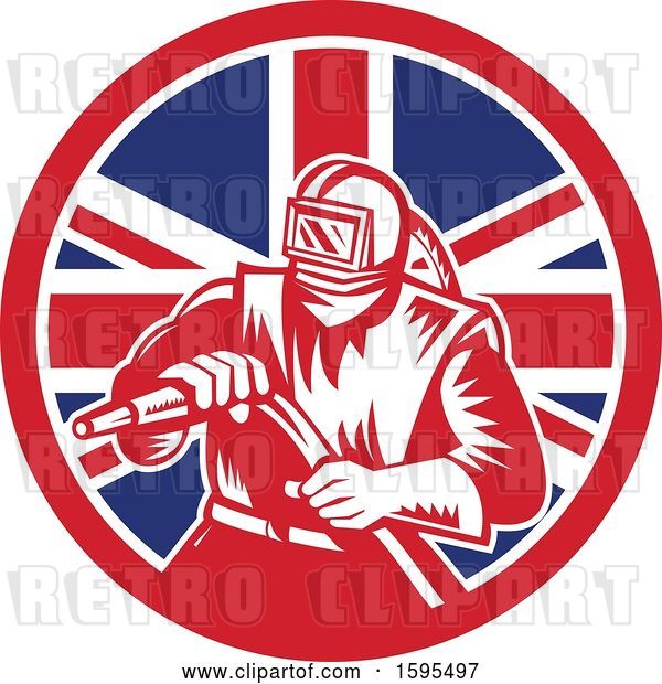 Vector Clip Art of Retro Woodcut Sandblaster Worker in a Union Jack Flag Circle