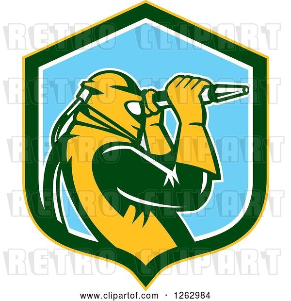Vector Clip Art of Retro Woodcut Sandblaster Working in a Yellow Green White and Blue Shield