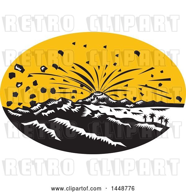 Vector Clip Art of Retro Woodcut Scene of an Erupting Volcano in an Oval