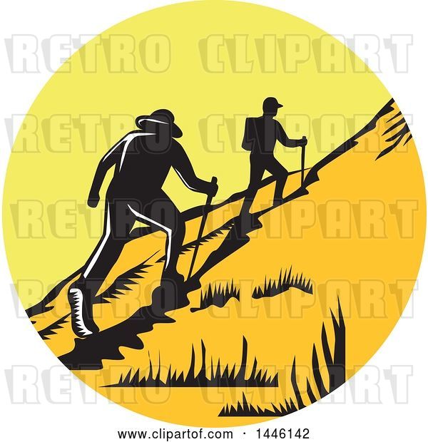 Vector Clip Art of Retro Woodcut Scene of Hikers Climbing a Trail