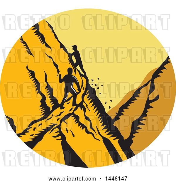 Vector Clip Art of Retro Woodcut Scene of Male Hikers Climbing a Steep Narrow Mountain Trail