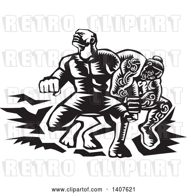 Vector Clip Art of Retro Woodcut Scene of Samoan Tiitii Wrestling the God of Earthquake and Breaking His Arm