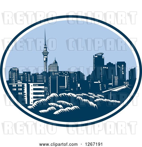 Vector Clip Art of Retro Woodcut Scene of the Auckland City Skyline with the Sky Tower in New Zealand