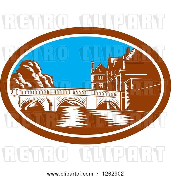 Vector Clip Art of Retro Woodcut Scene of the Trinity College Bridge in Cambridge, England Spanning the River Cam