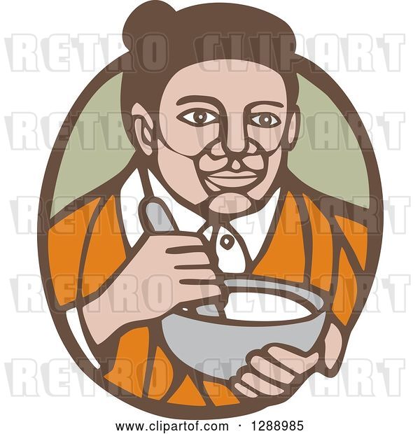 Vector Clip Art of Retro Woodcut Senior Lady Holding a Mixing Bowl in a Green and Brown Oval